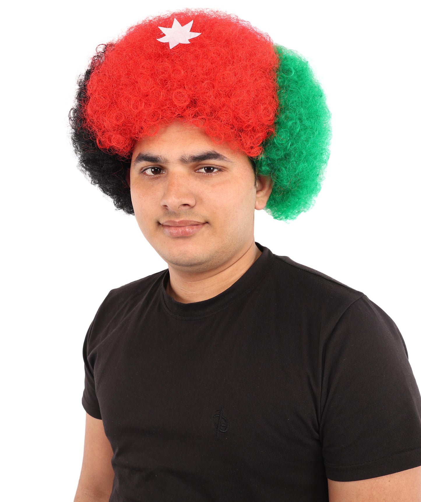 HPO Unisex Jordan Flag Clown Wig – Curly Red, Black, and Green Sport Hairpiece | Ideal for  National Celebrations & Parties