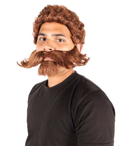 HPO Men's Brown Wig Set with Muttonchop Beard and Mustache | Halloween Wig | Flame-retardant Synthetic Fiber