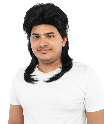 HPO Men’s 20 Inch Black Mullet Wig | Retro 80s Style with Heat-Resistant Fibers | Short Front, Long Back Synthetic Wig for Halloween, Cosplay & Theme Party Looks