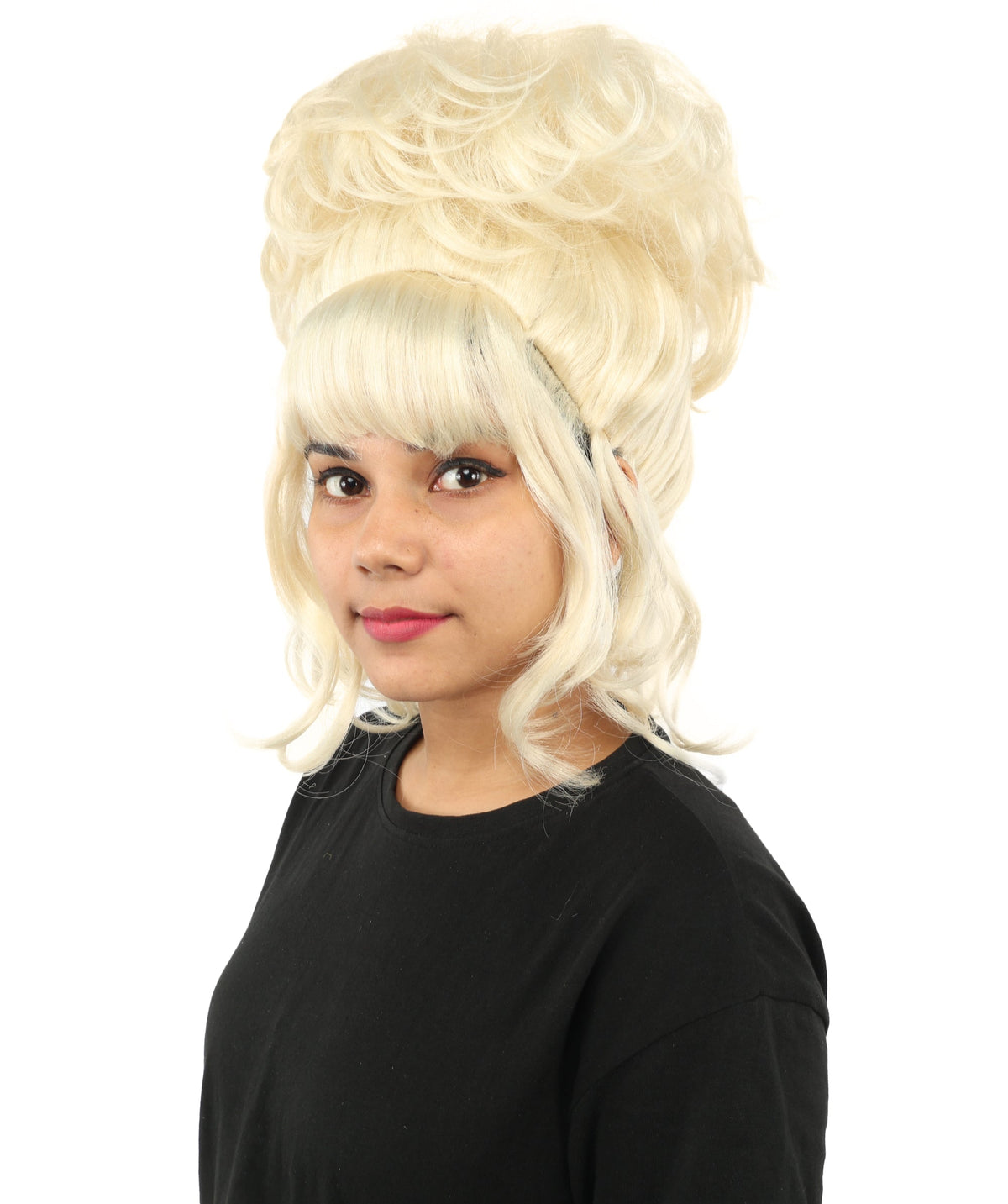 HPO Adult Women's Elegant Updo Tendril Wig | Multiple Color Options | Pastel peach hue, create of synthetic fiber, high teased volume with face-framing strands, breathable capless cap | Party, Halloween, theater, drag, performance, costume events