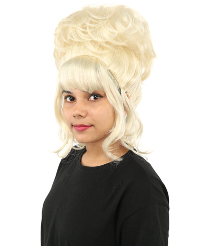 HPO Adult Women's Elegant Updo Tendril Wig | Multiple Color Options | Pastel peach hue, create of synthetic fiber, high teased volume with face-framing strands, breathable capless cap | Party, Halloween, theater, drag, performance, costume events