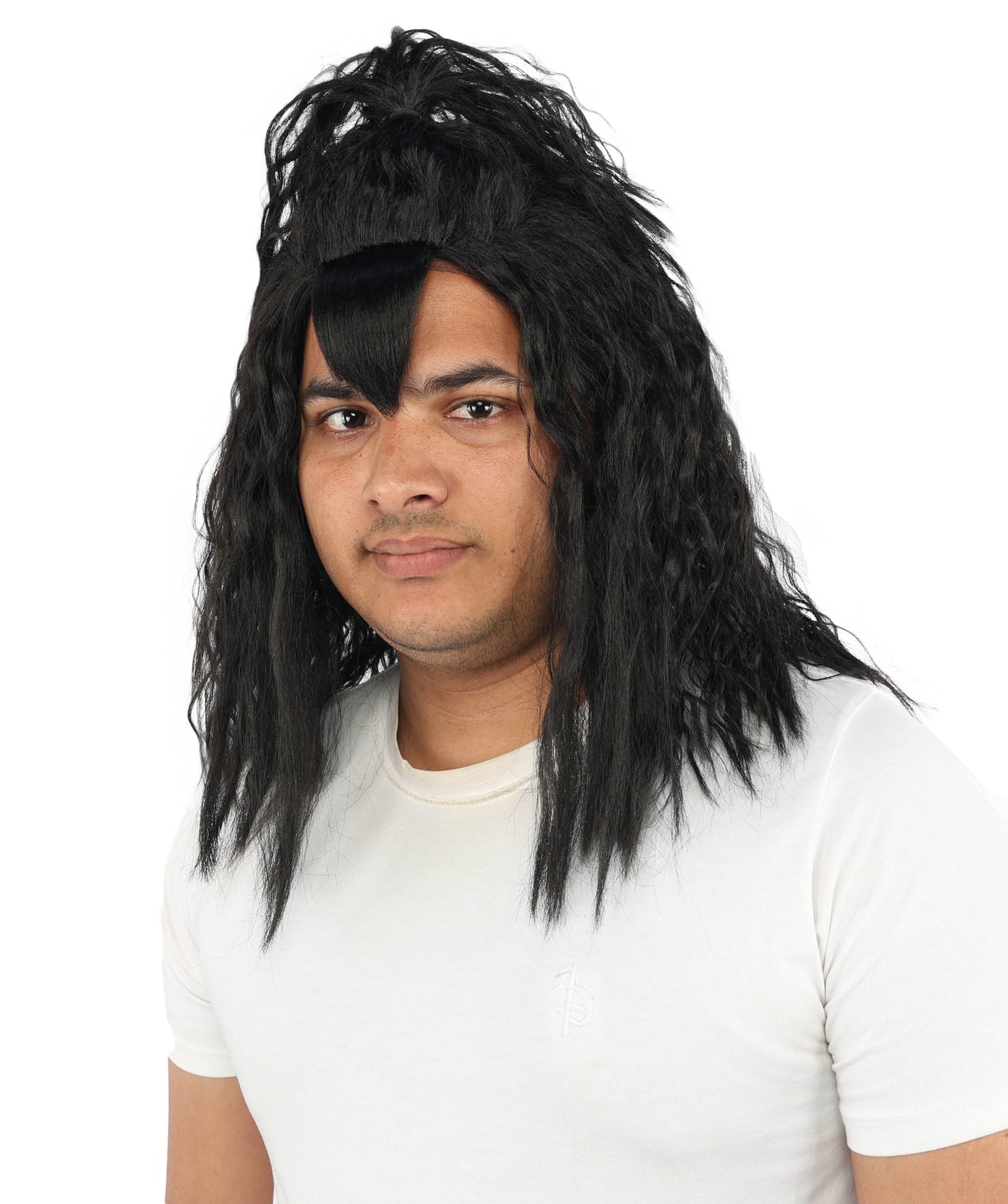 HPO Men's Heavy Metal Rockstar Black Wig | Dark wavy synthetic fibers with massive crimped volume and capless construction | Essential for theater performance drag Halloween costume events and party