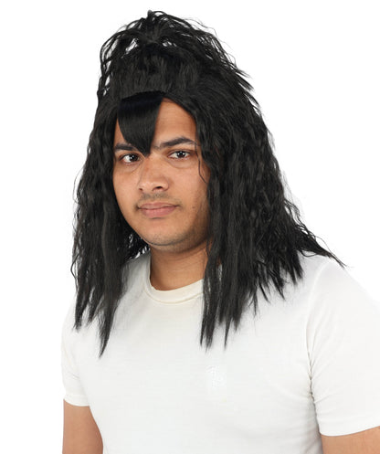 HPO Men's Heavy Metal Rockstar Black Wig | Dark wavy synthetic fibers with massive crimped volume and capless construction | Essential for theater performance drag Halloween costume events and party
