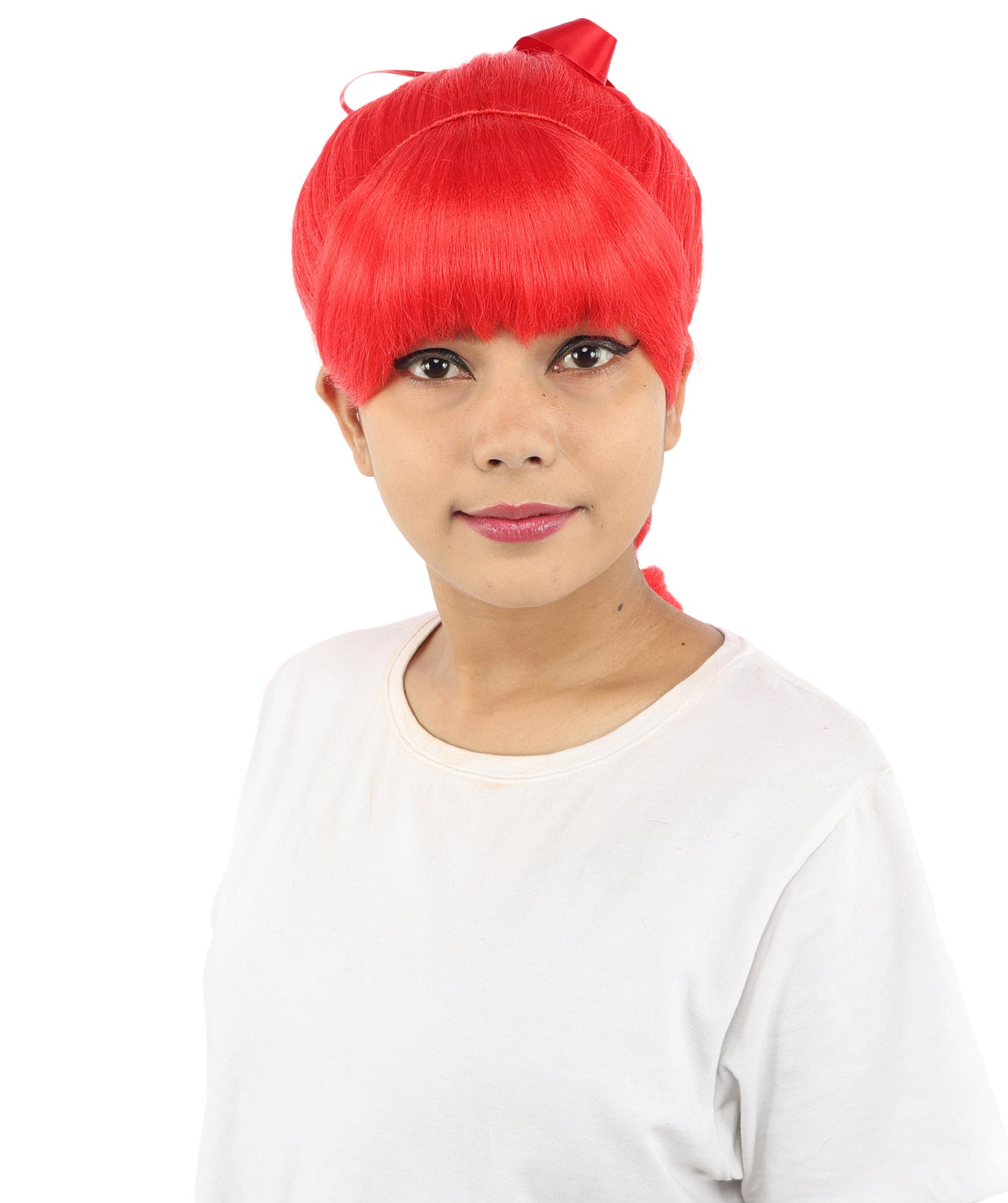 HPO Women's Spiral Ponytail Wig | Multicolor Options | High Updo with Red Ribbon Bow & Bangs, Heat Friendly Synthetic Fiber & Breathable Cap | Halloween, Christmas Event, Themed Party, Theater & Roleplay