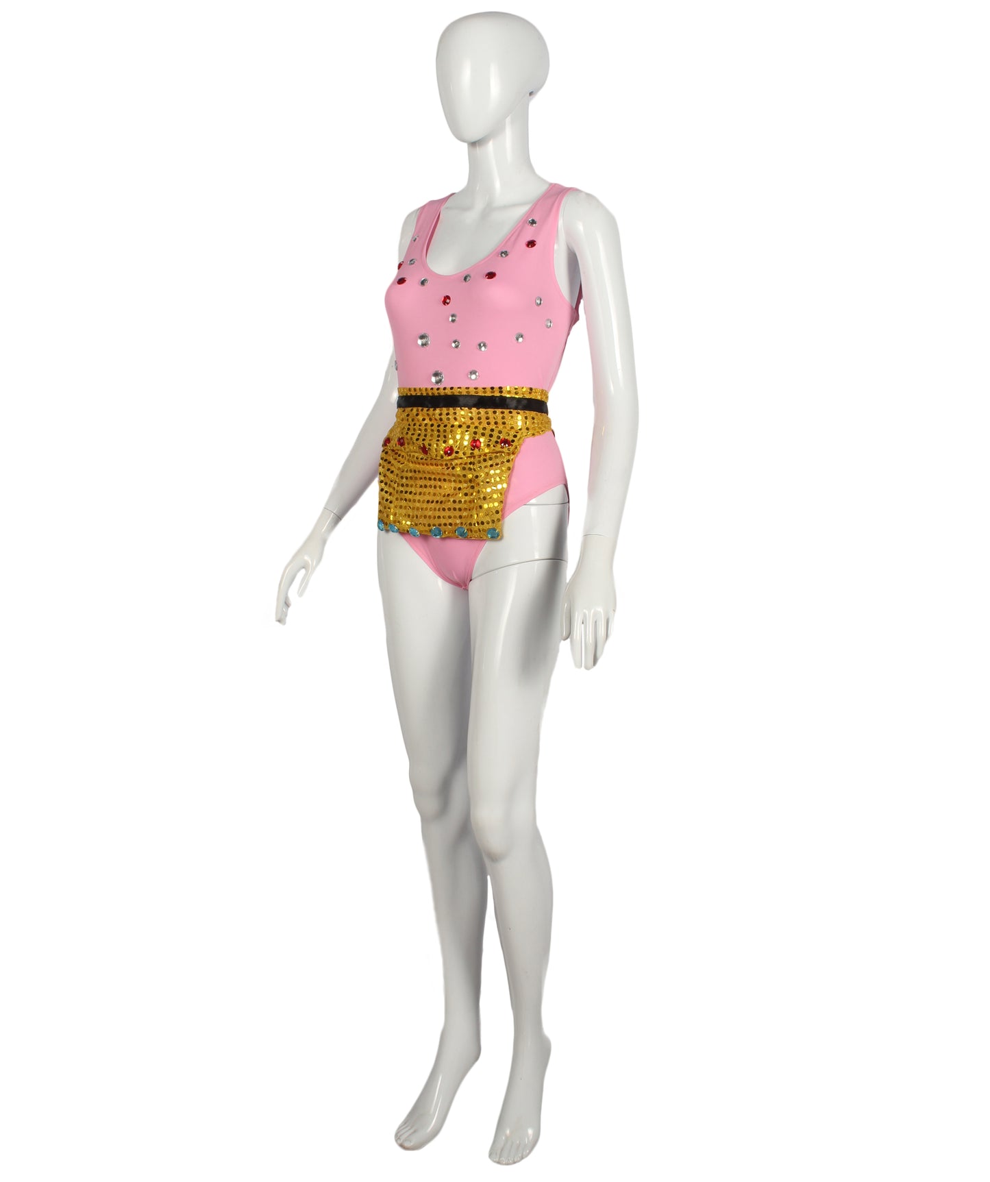 Pryzm Femme Jewel Suit with Matching Fanny pack - Baby Pink Suit with Ruby and Silver Jewels with Gold Bejewled Fanny pack