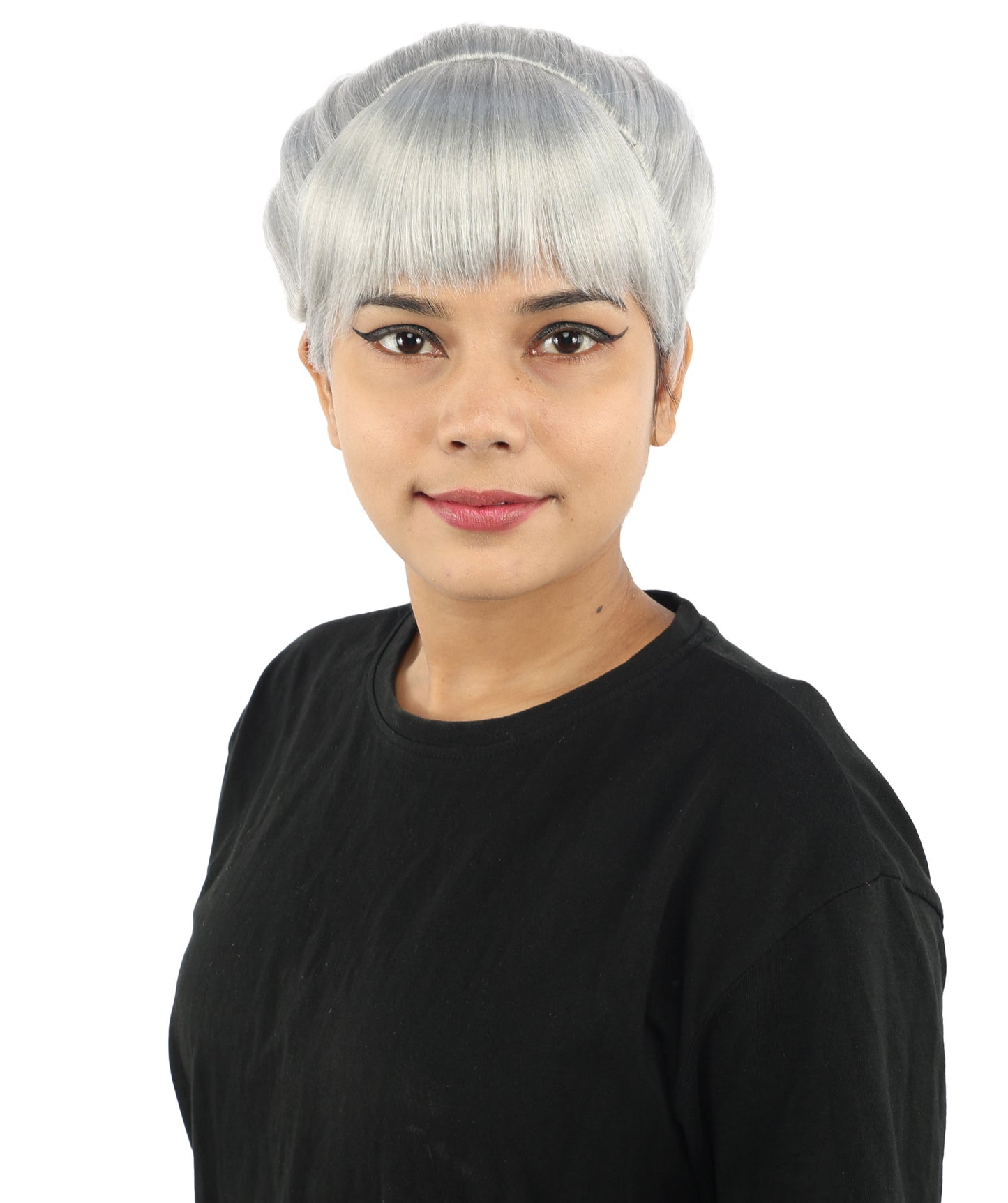 HPO Women's Spiral Ponytail Wig | Multicolor Options | High Updo with Red Ribbon Bow & Bangs, Heat Friendly Synthetic Fiber & Breathable Cap | Halloween, Christmas Event, Themed Party, Theater & Roleplay