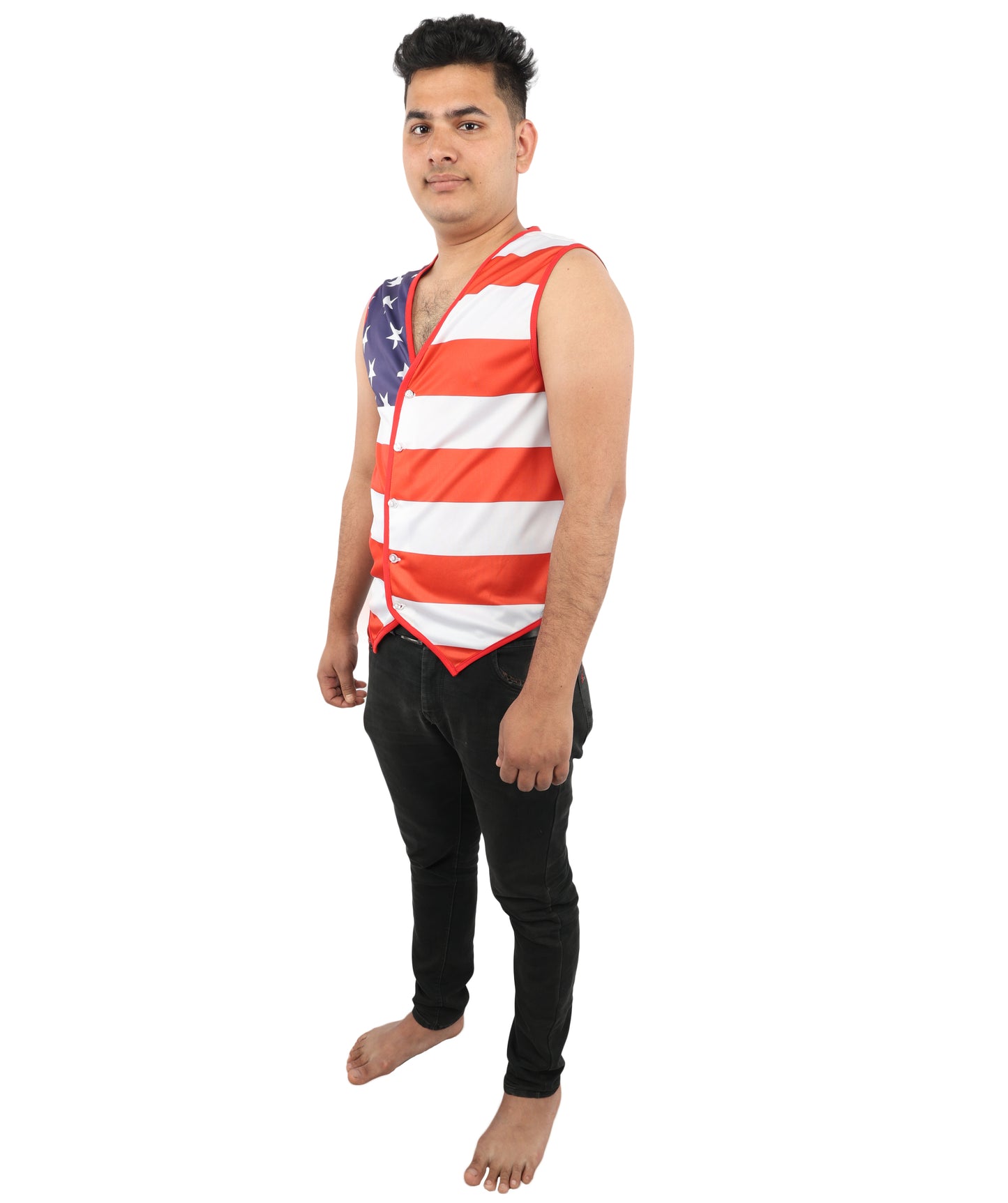 HPO Men's American Pride Waistcoat Costume | Sleeveless V-Neck Top Featuring USA Symbolism | Versatile for Stage Shows, Parades, and Election Parties