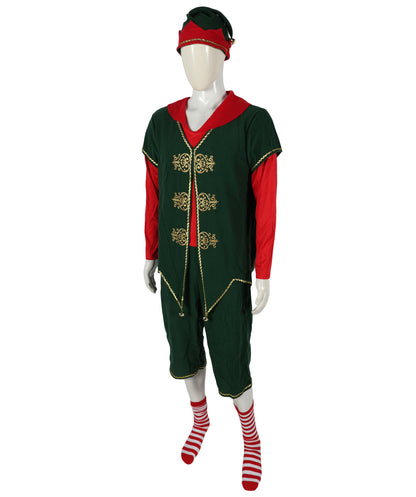 HPO Adult Men’s Deluxe Christmas Elf Costume | Festive Green & Red Tunic | Santa’s Helper Outfit for Holiday Parties & Parades