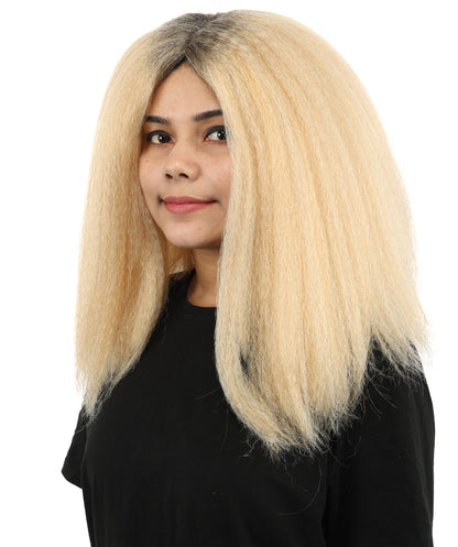 HPO Women's Long Rounded Cartoon Hair Wig | Black & Blonde Bubble Bob, Deep Side Part, Heat Friendly Synthetic Strands & Breathable Net | Fancy Dress, Stage Show, Animated Character Events, Halloween & Festival