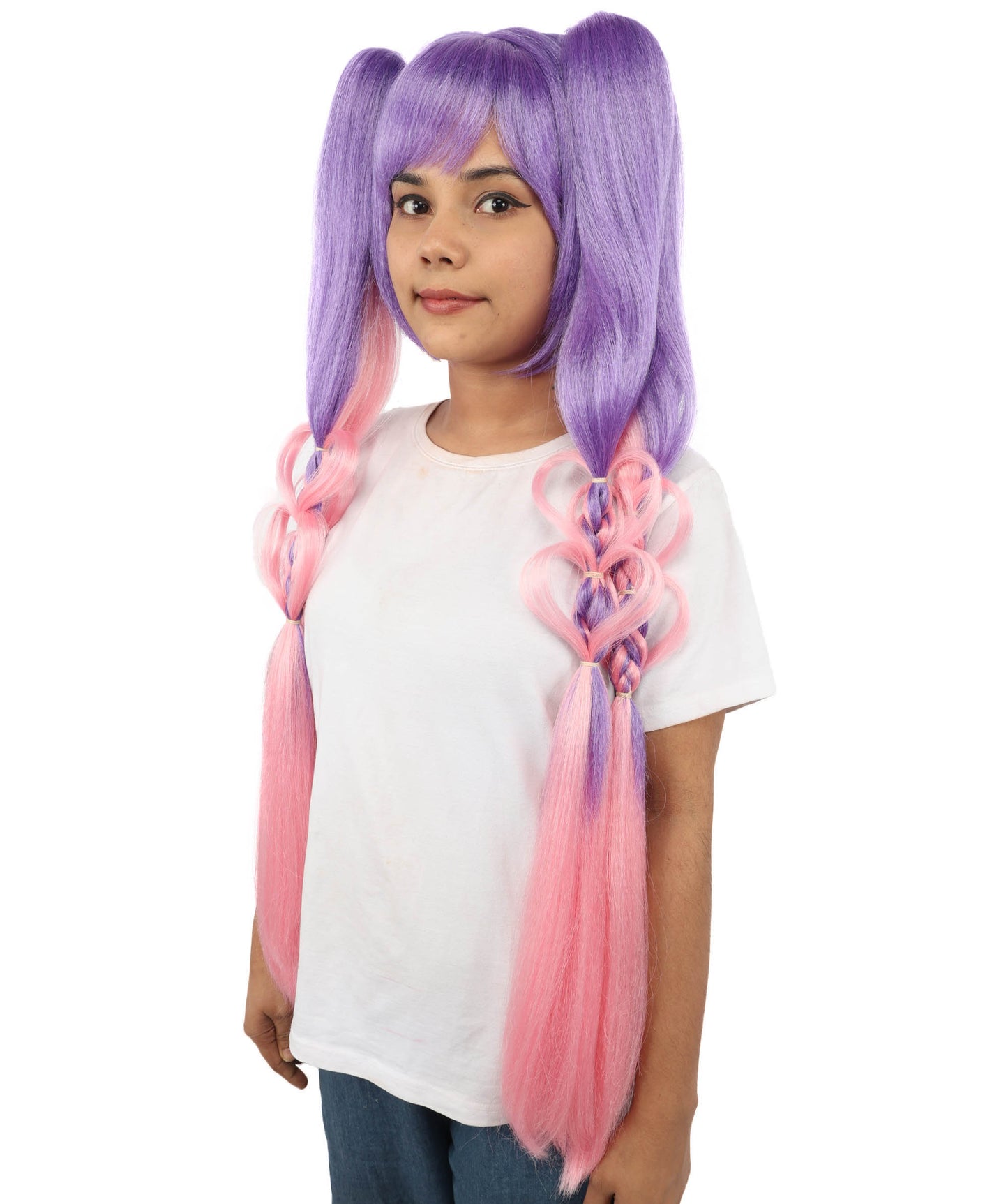 HPO Women's Heart Pigtail Character Wig | Dual-tone purple and pink, create of synthetic fiber, long structured pigtails with heart-shaped loops, breathable base | Party, Halloween, theater, drag, performance, costume events
