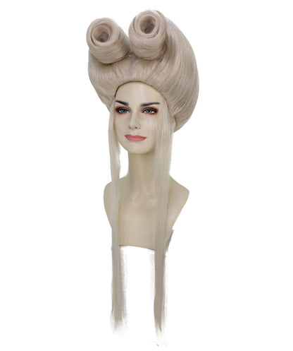 HPO Adult Women’s Platinum Blonde Fantasy Wig with Structured Bouffant & Long Straight Tails | Lightweight Flame-Retardant Synthetic Wig for Costume Events