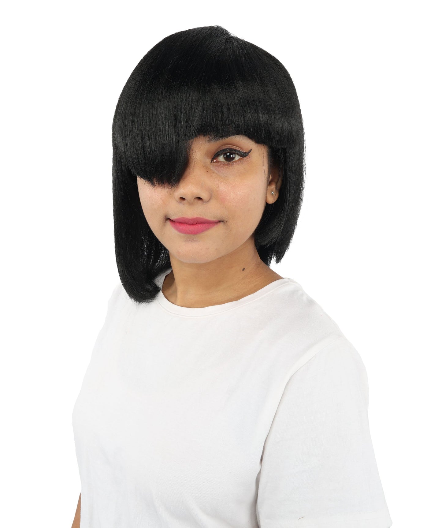 HPO Adult Women's Asymmetrical Bangs Bob Wig | Multiple Color Options | Create of synthetic fiber, sleek straight volume, breathable capless base | Party, Halloween, theater, drag, performance, costume events