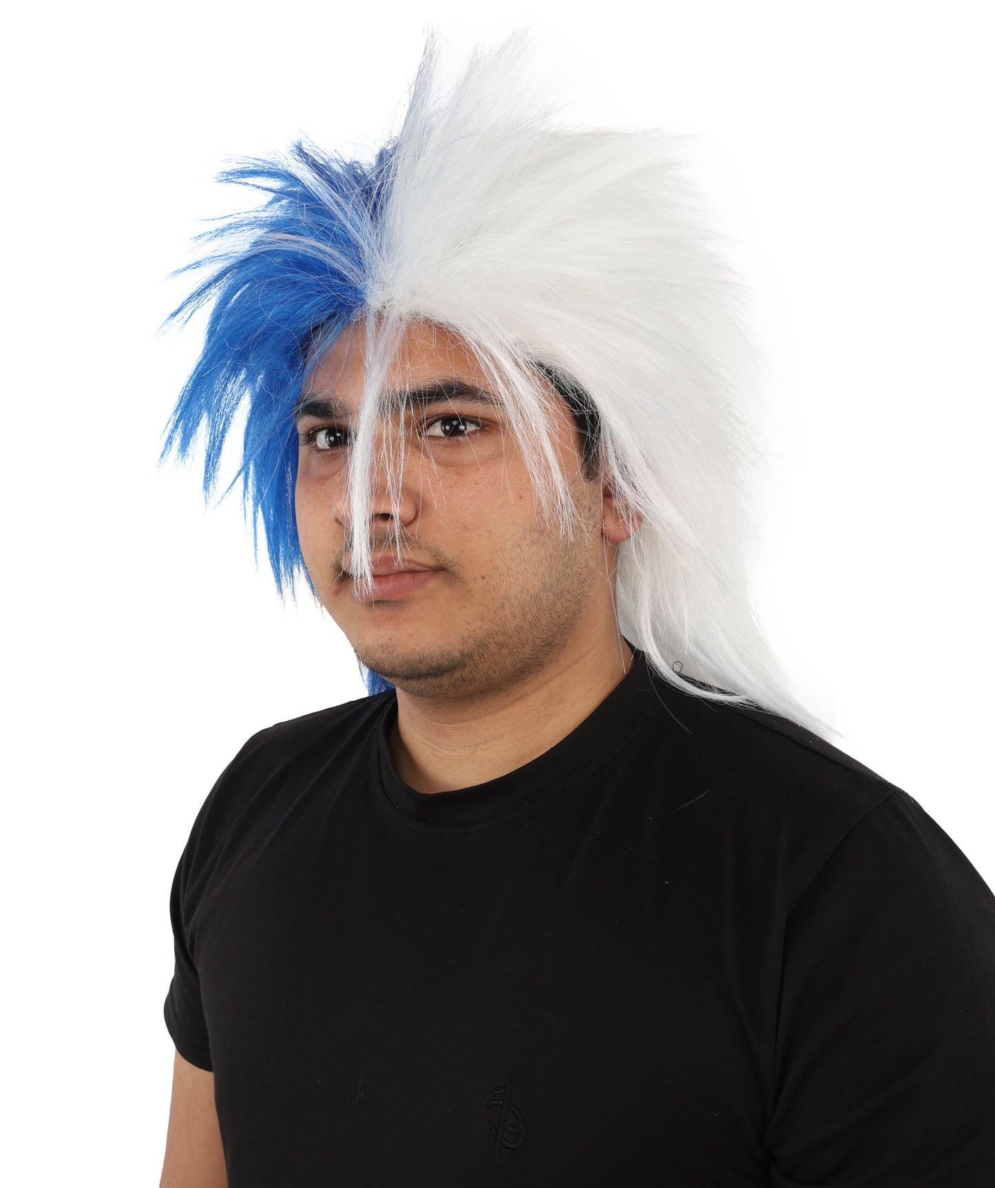 HPO Men's Two Tone Spirit Wig | Blue and White Messy Mullet Flame-retardant Synthetic Fiber | Halloween Themed Party Baseball Stadium Accessory