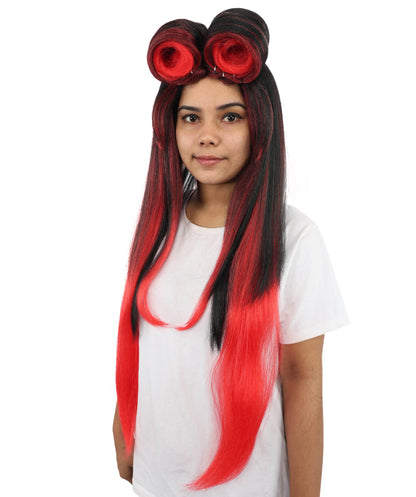 Women’s Straight Black Red Roller-Top Retro Wig | 60s Style Center Part Long Hair | Bold Fancy Dress Party Wig for Fashion, Halloween and Cosplay