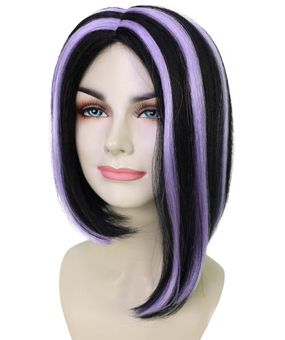 HPO Adult Women’s White & Purple Highlight Bob Wig | Sleek Short Costume Hair for Halloween & Parties | Breathable Capless Cap