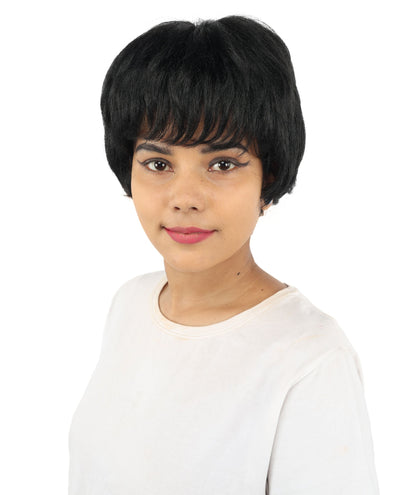 HPO Adult Women's Short Silver White Pixie Wig  | Edgy Layered Cut with Bangs | Synthetic Hair Wig for Stage Fashion, Cosplay, Halloween & Bold Party Looks