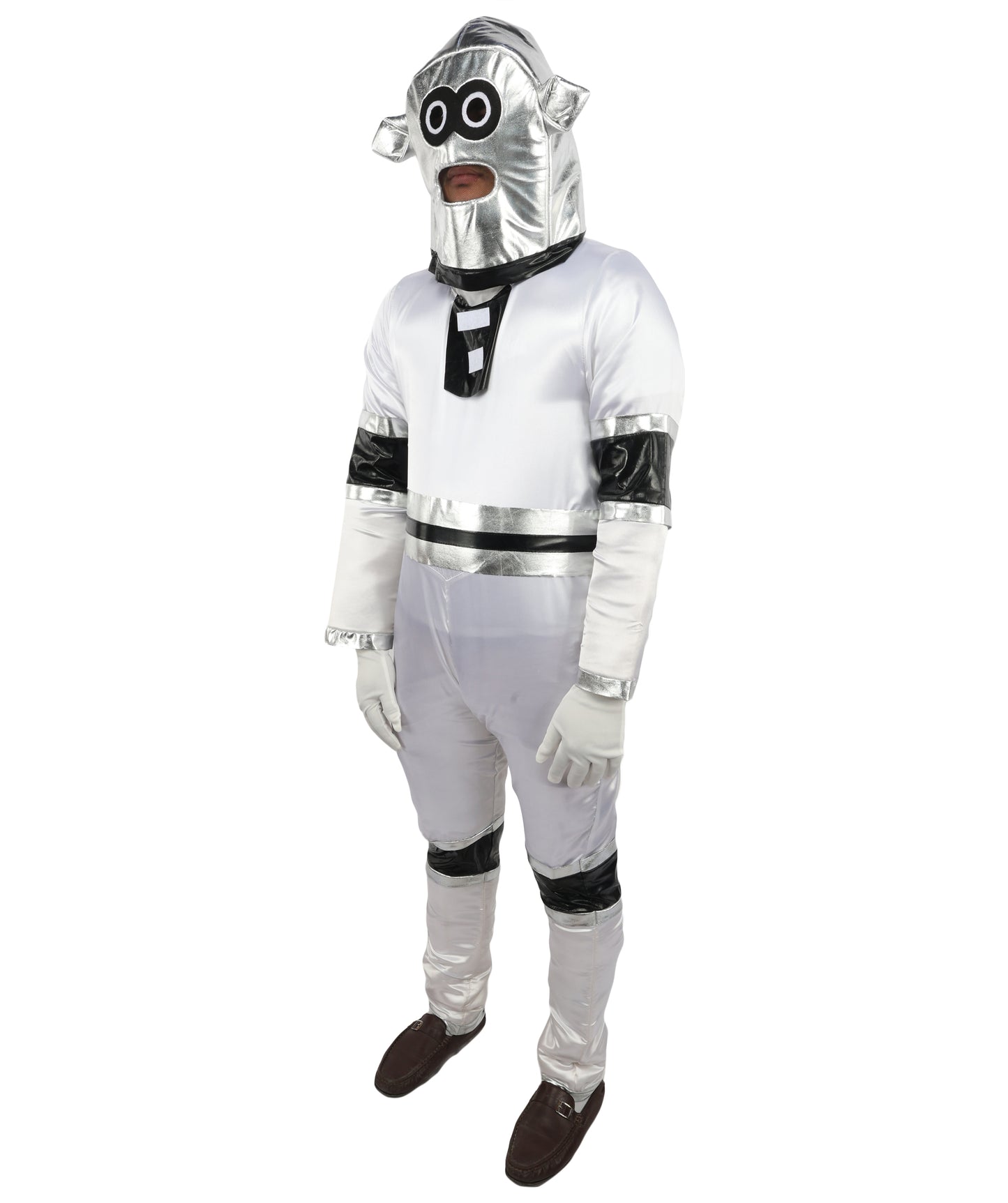 HPO Men's Metallic Silver & Black Android Bodysuit | Shiny PVC and Satin Finish with Full Head Cap and Matching Hand Gloves | Ideal for Cosplay, Halloween, Drag, and Futuristic Theater Performances