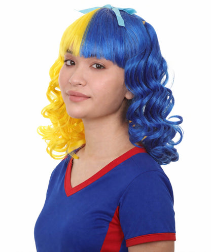 Bright Night Wig | Blue Yellow Curly Halloween Wig | Premium Breathable Capless Cap