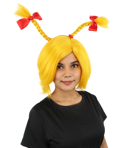 HPO Women's Triple Antenna Bow Wig | Yellow synthetic fibers with structural upright braids red ribbons and capless base | Essential for theatrical stage drag performance costume events and party