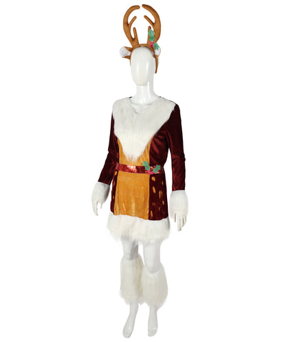Adult Unisex Brown Reindeer Costume with Antlers and Tail | Plush Full Body Jumpsuit with White Belly | For Christmas, Holiday Parades, and Events