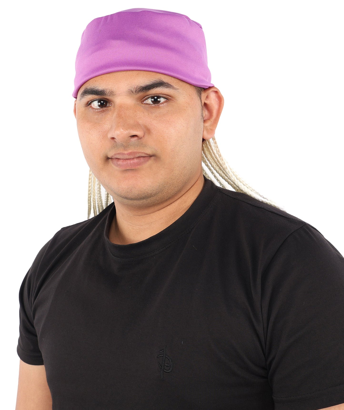 Men’s Movie Character Inspired Black Braided Wig with Purple Head Wrap Hat | Flame-retardant Synthetic Fiber | Ideal Hairpiece for Cosplay & Halloween
