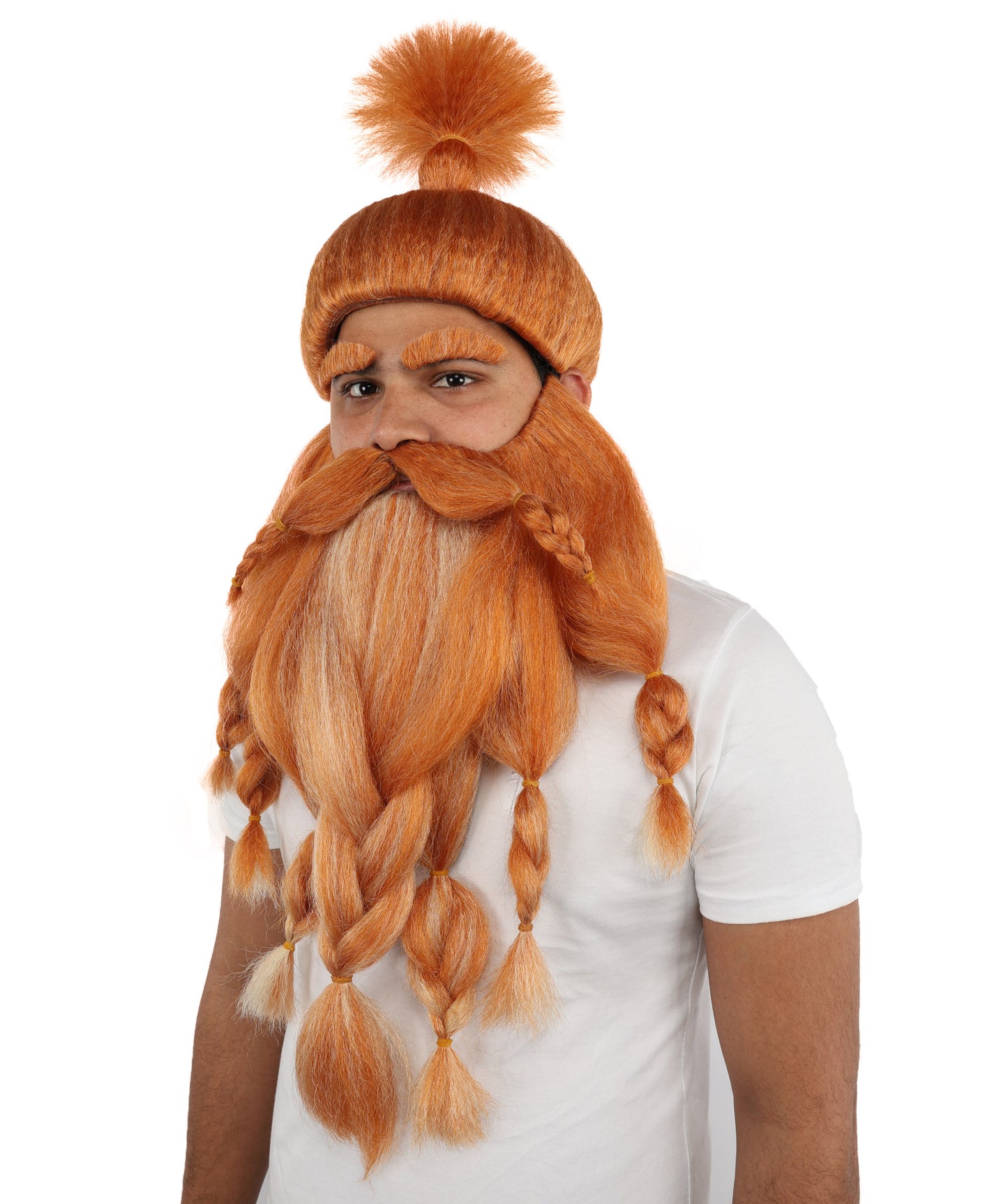 HPO Golden Brown Warrior Wig Beard Mustache Set with Eyeborws for Adults | Synthetic fiber Accessory Set with Capless Cap | Ideal for Halloween , Cosplay and any event