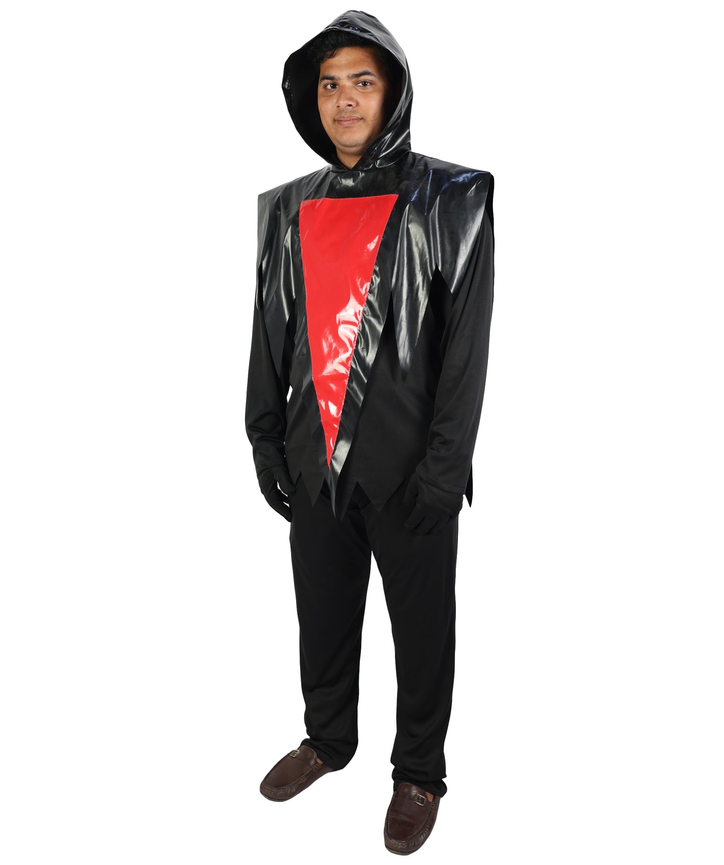 HPO Men's Ghost Slasher Costume | Grim Reaper Style Black Hooded Tunic Jagged Edge Robe Blood Red Ghost Mask | Youth Halloween Cosplay Thriller Horror Theater Performance Costume Events