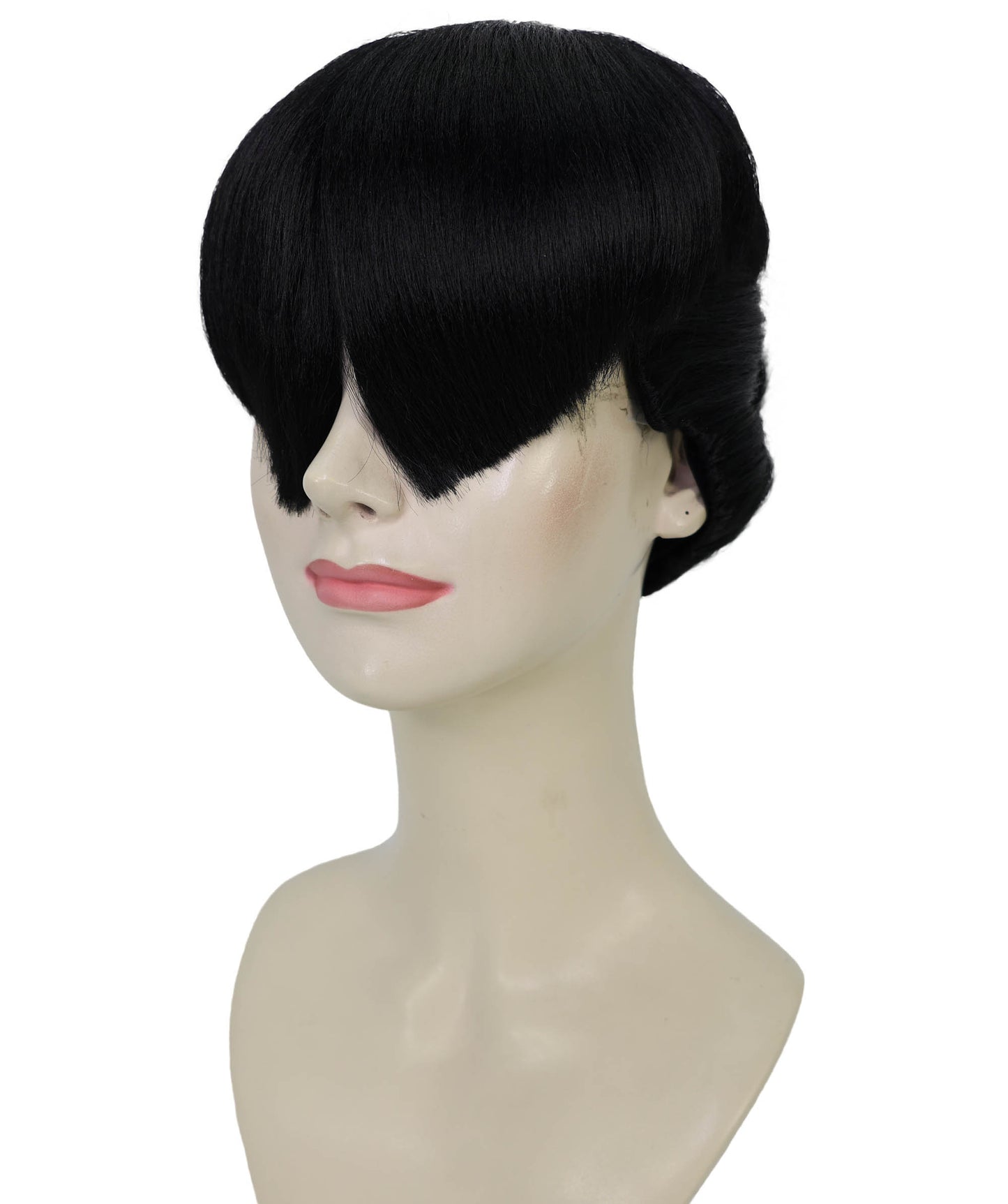 HPO Adult Women’s Sculpted Visor Bangs Wig with Sleek High Bun | Halloween Wig | Flame-Retardant Synthetic Fiber | Breathable Capless Cap Design