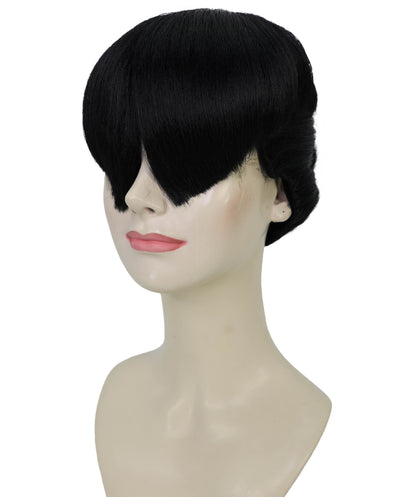 HPO Adult Women’s Sculpted Visor Bangs Wig with Sleek High Bun | Halloween Wig | Flame-Retardant Synthetic Fiber | Breathable Capless Cap Design