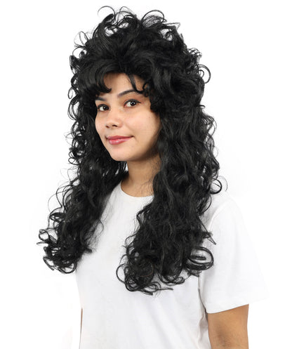 HPO Women’s Long Curly Black Seduction Wig | Voluminous 80s-Inspired Costume Hairpiece for Halloween, Glam Rock, Disco, and Cosplay | Breathable Capless Cap Design