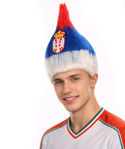 Serbia Flag Sport Troll Wig | Red Blue White Halloween Wigs | Premium Breathable Capless Cap