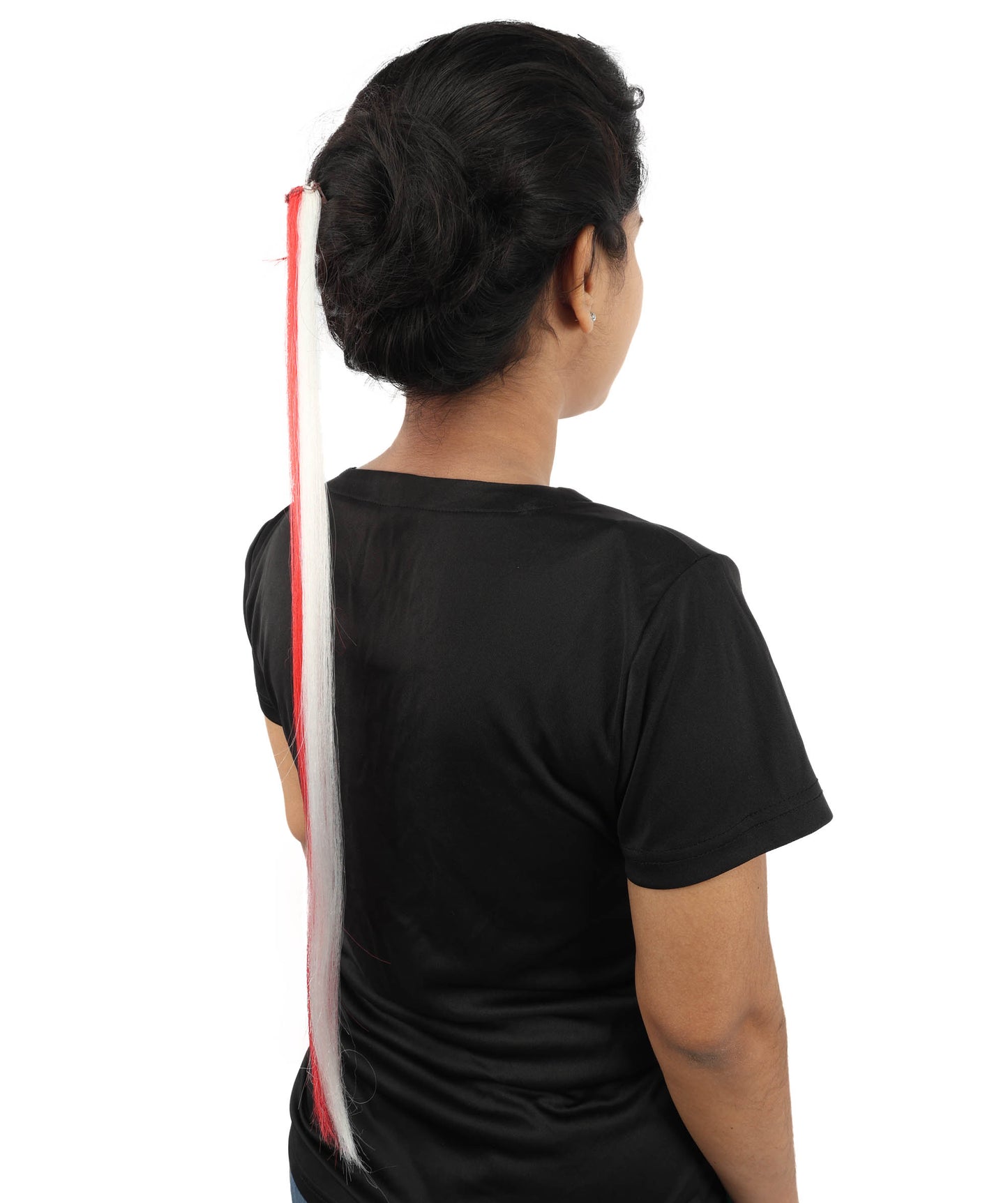 HPO Women's International Clip-in Hair Extension | Sleek straight red and white synthetic fibers featuring a secure snap attachment | Ideal for party, Halloween, cosplay, theater, drag, performance, costume events