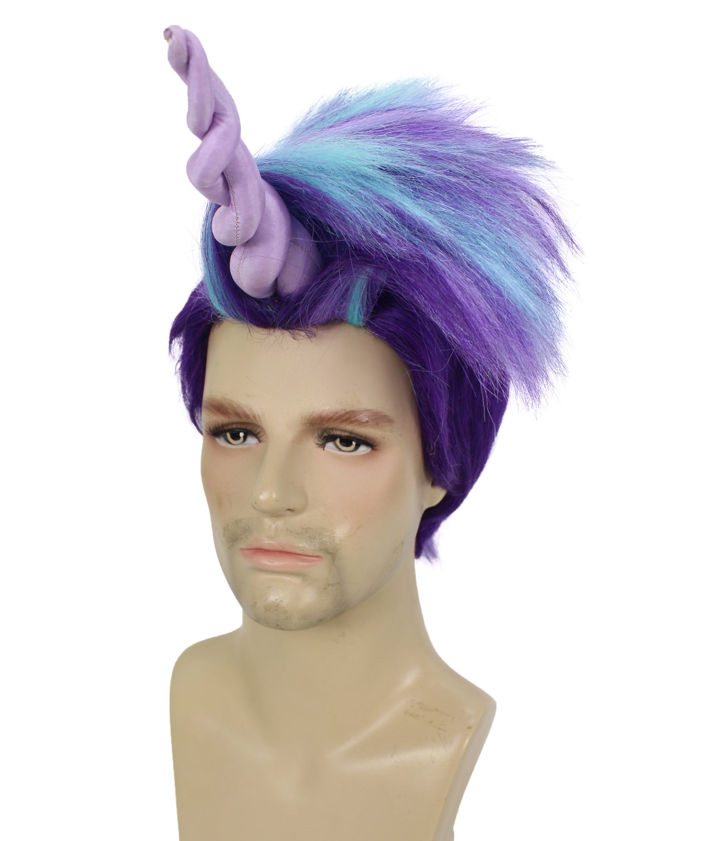 HPO Men's Fairytale Purple & Blue Spiky Wig with Horn I Unicorn Halloween Wig I Flame-retardant Synthetic Fiber