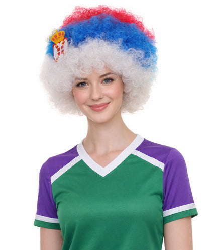 Serbia Flag Sport Afro Wig | Jumbo Super Size White Blue Red Wig