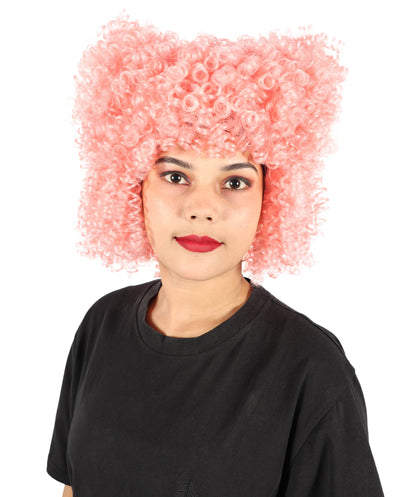 HPO Women’s Creepy Circus Doll Wig | Curly Pink Hairpiece | Adjustable Inner Cap for Halloween, Cosplay, Stage & Parties