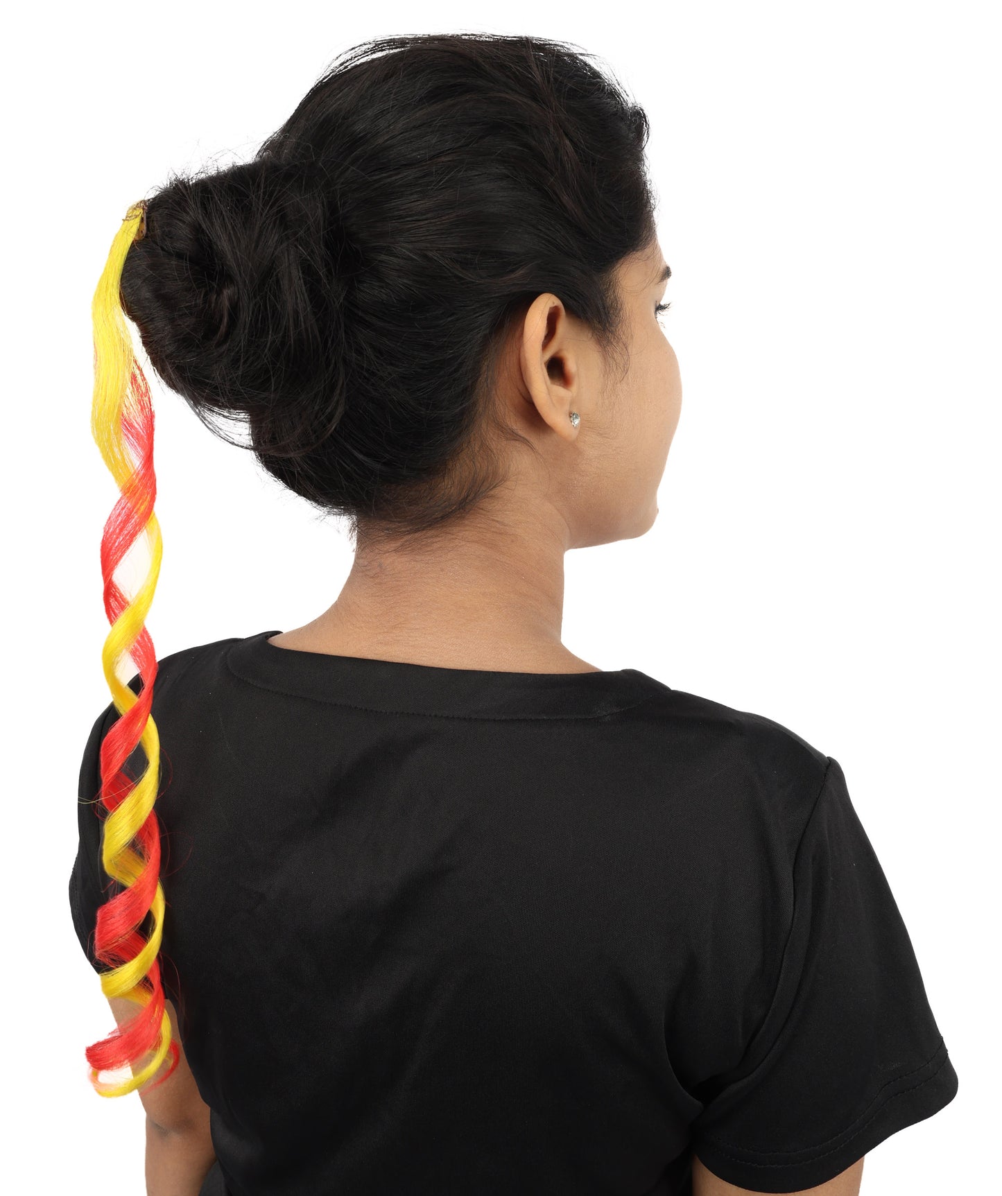 HPO Women's Spain Flag Hair Extension | Coiled red and yellow synthetic fibers featuring a twisted attachment design | Ideal for party, Halloween, cosplay, theater, drag, performance, costume events
