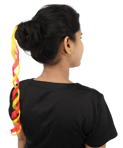 HPO Women's Spain Flag Hair Extension | Coiled red and yellow synthetic fibers featuring a twisted attachment design | Ideal for party, Halloween, cosplay, theater, drag, performance, costume events