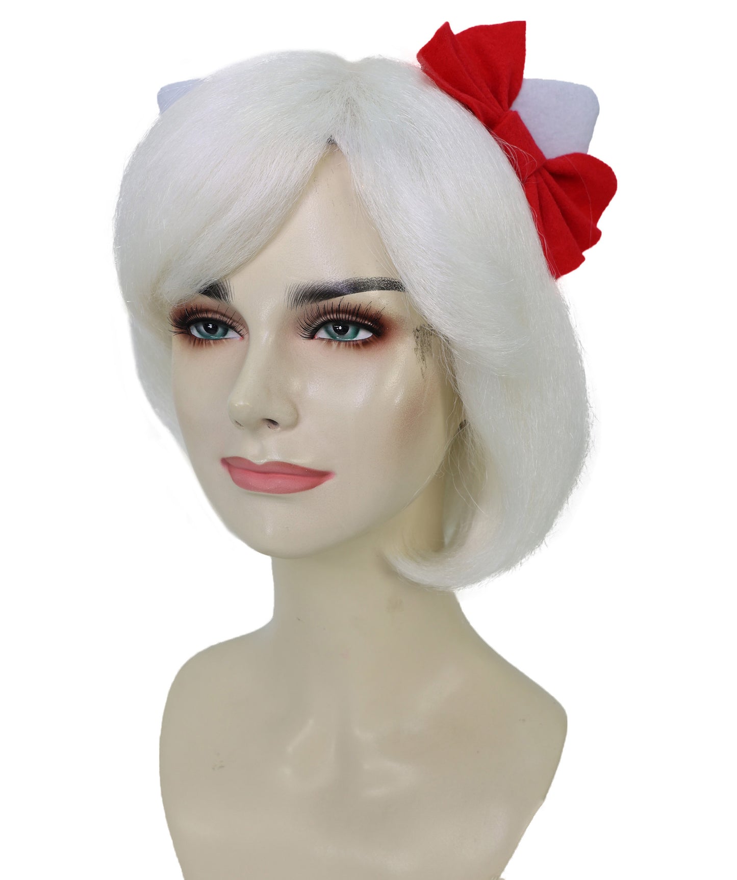 HPO Adult Women's Cute Kitty-Inspired White Wig with Bow Ribbon | Soft Synthetic Cosplay Hair with Attached Ribbon for Dress Up & Parties
