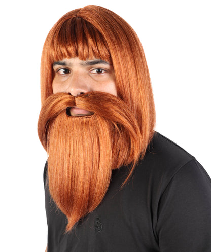 HPO Men's Viking-Inspired Wig, Beard & Mustache Set | Dark Auburn Synthetic Hairpiece with Matching Mustache & Beard | Adjustable Fit for Cosplay, Stage & Parties
