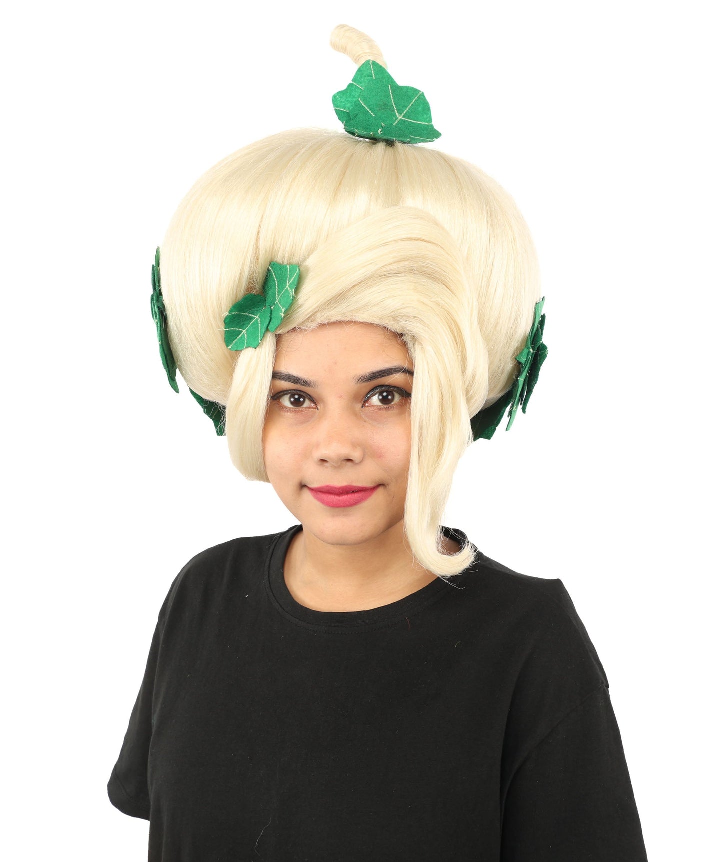 HPO Adult Women's Sculpted Pumpkin Show Wig | Multiple Color Options | Create of synthetic fiber, massive spherical updo with green leaf accents, breathable base | Halloween, theater, drag, performance, party, costume events