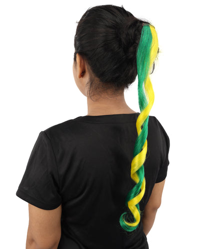 HPO Women's Brazil Flag Hair Extension | Coiled green and yellow synthetic fibers featuring a twisted attachment design | Ideal for party, Halloween, cosplay, theater, drag, performance, costume events