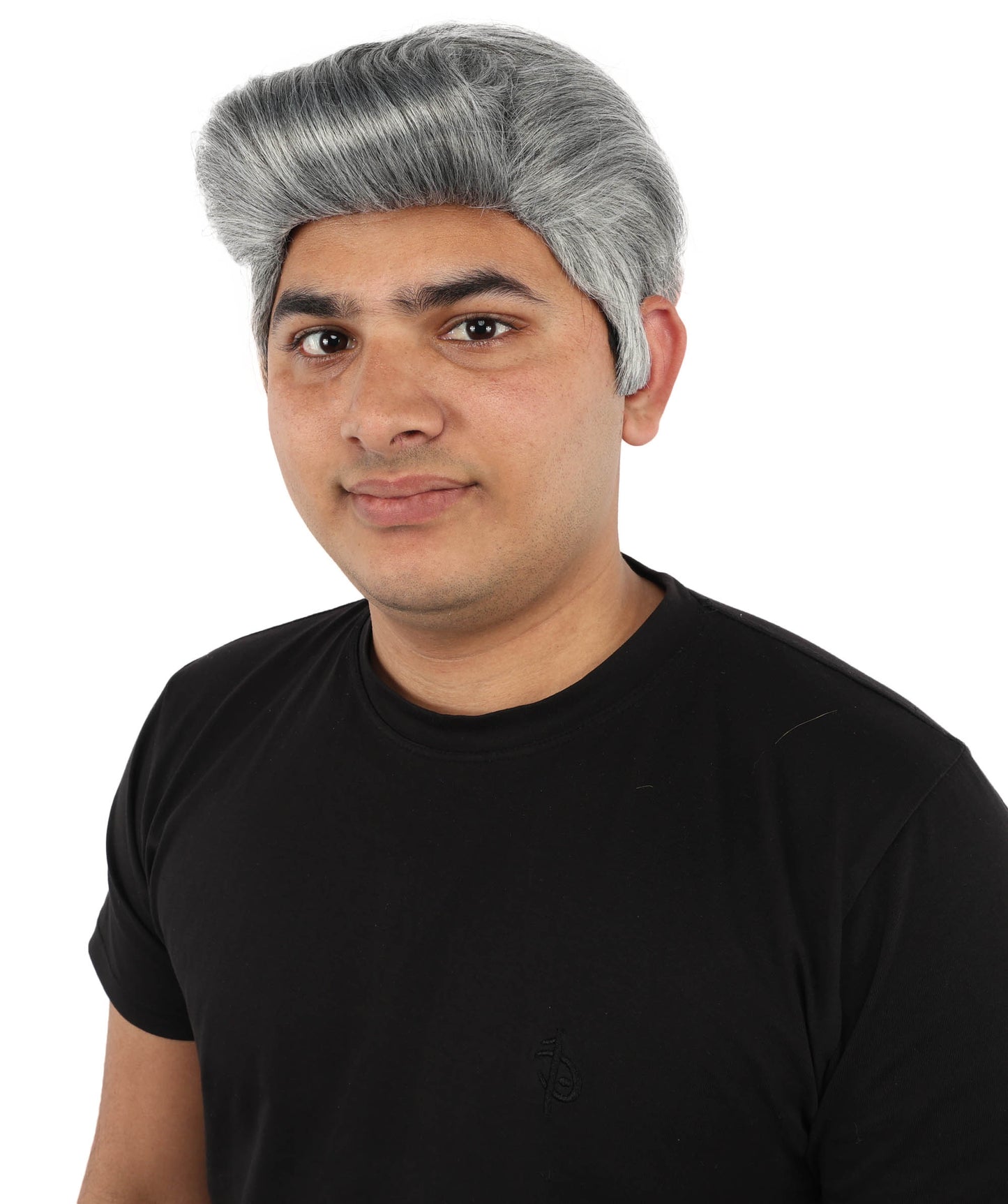 HPO Men's Silver Dark Grey Short Swept Wig | Flame-Retardant Synthetic Fiber with Capless Cap | Ideal for Theater, Halloween and Cosplay