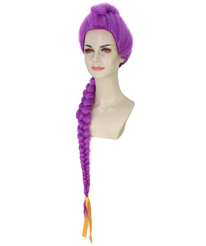 HPO Adult /Teen Women’s K-pop Demon Hunters Wig with Long Purple Fantasy Braid | Halloween Wig | Futuristic Pop Star Warrior Look