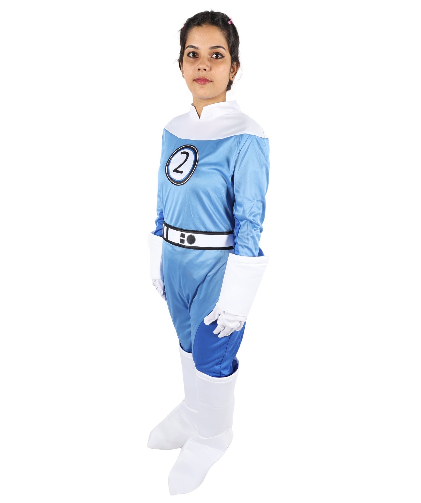 HPO Women’s Ultimate Sci-Fi Costume | 3-in-1 Jersey Dress with Hand Gloves | Blue & White Cosplay Outfit