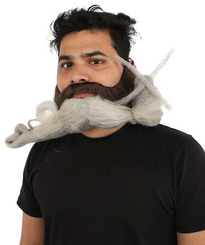 HPO Men's Sculpted Fake Beard & Mustache Set | Grey Styled Mustache Combo Synthetic Fiber | Party Halloween Cosplay Theater Drag Performance Costume Events