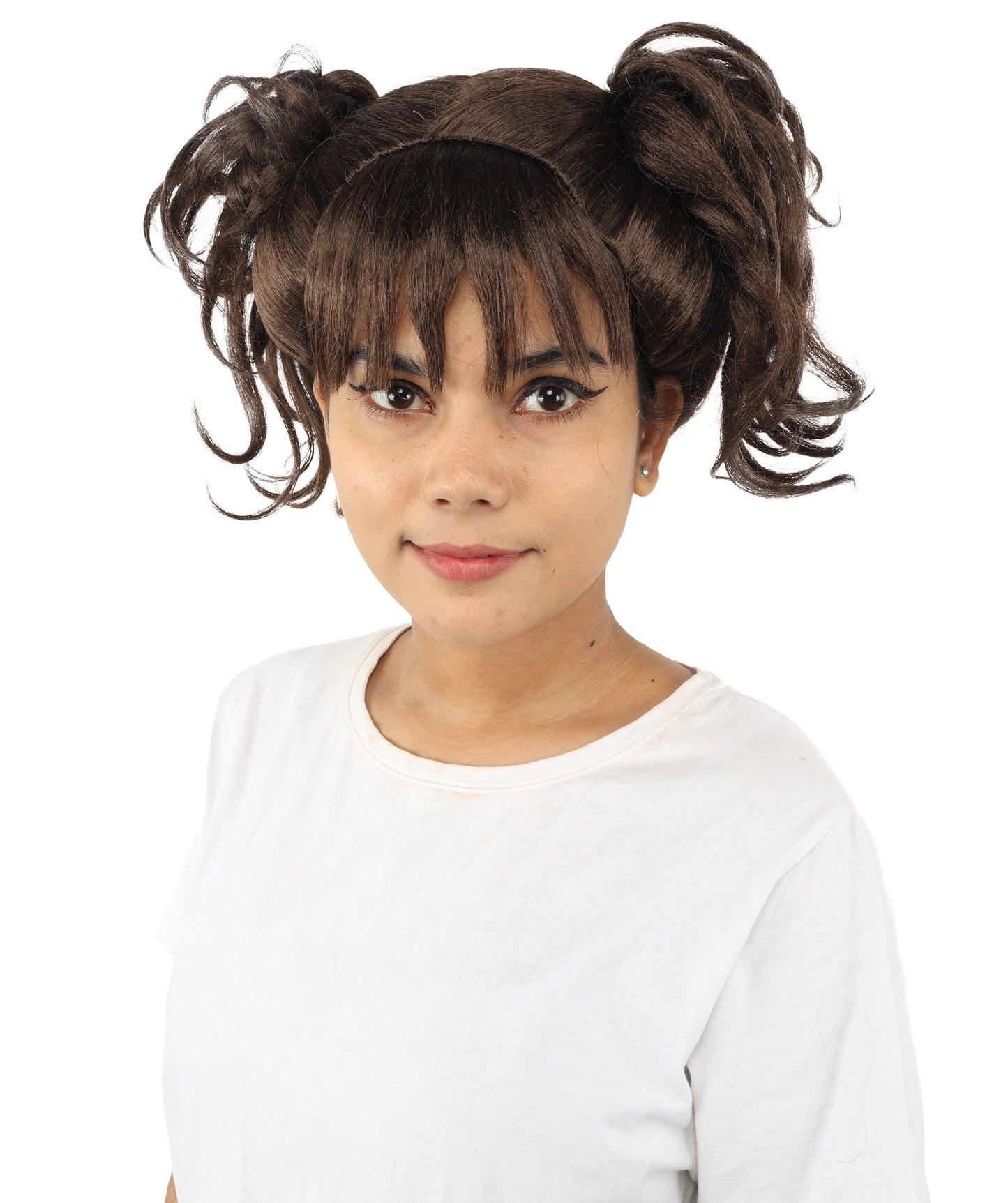 HPO Adult Women’s Messy Twin Bun Wig with Graphic Bangs | Multiple Color Options | Edgy Wig for Cosplay, Fashion Events, Halloween & Stage Wear | Adjustable Cap, Lightweight Synthetic Fiber