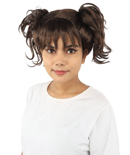 HPO Adult Women’s Messy Twin Bun Wig with Graphic Bangs | Multiple Color Options | Edgy Wig for Cosplay, Fashion Events, Halloween & Stage Wear | Adjustable Cap, Lightweight Synthetic Fiber