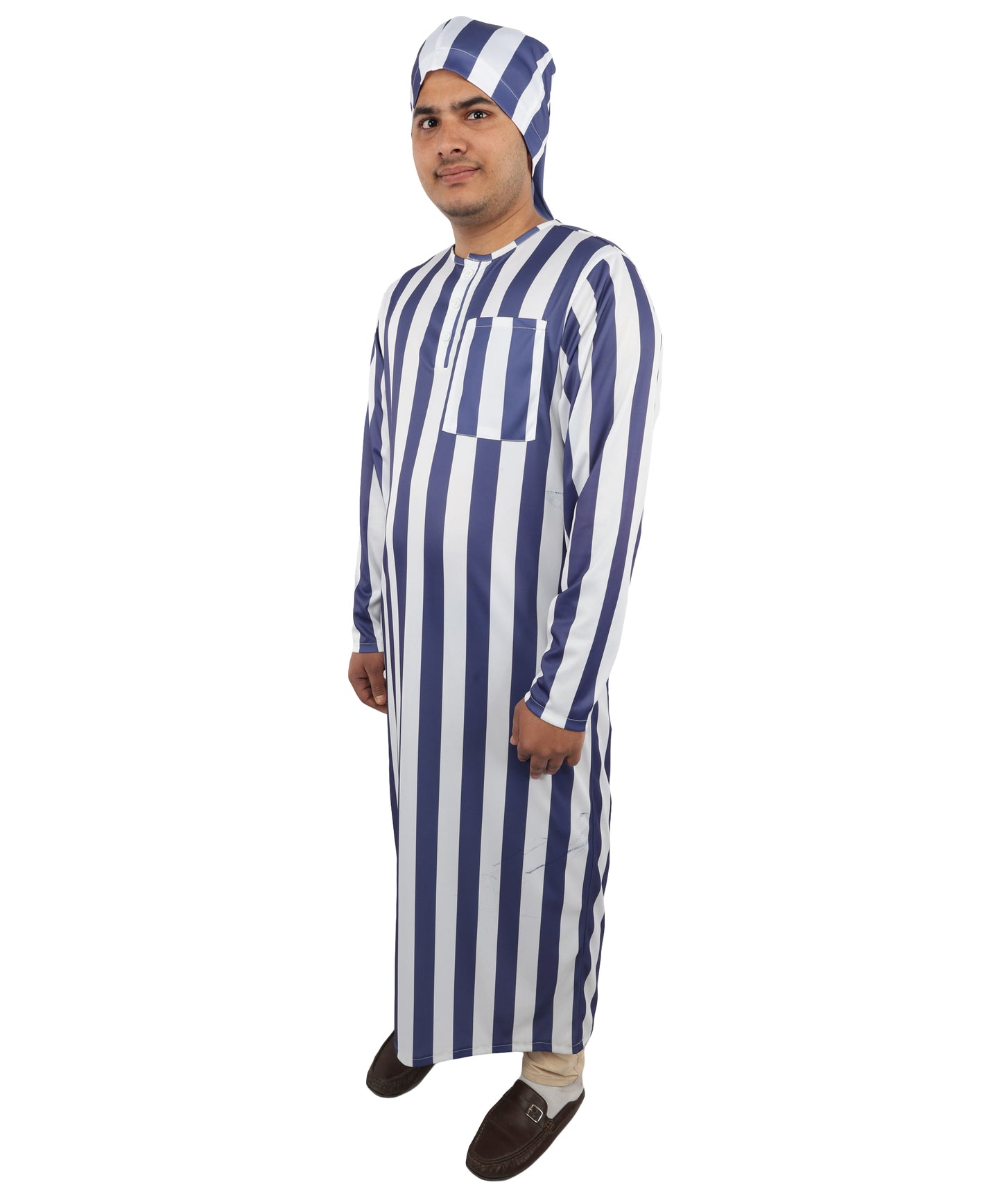 HPO Men's Victorian Striped Sleepwear | Blue and White Vertical Stripe Jersey with Adjustable Matching Nightcap | Ideal for Theater, Halloween, Cosplay, and Historical Performance Events