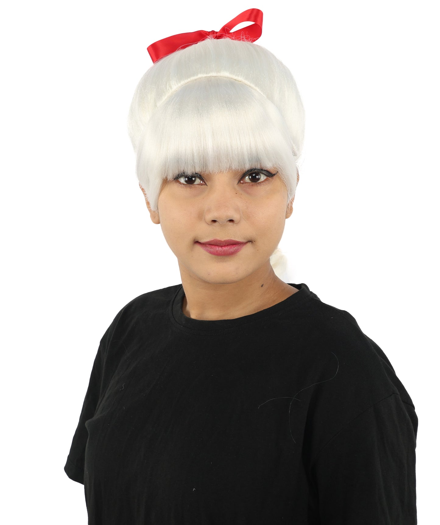 HPO Women's Spiral Ponytail Wig | Multicolor Options | High Updo with Red Ribbon Bow & Bangs, Heat Friendly Synthetic Fiber & Breathable Cap | Halloween, Christmas Event, Themed Party, Theater & Roleplay