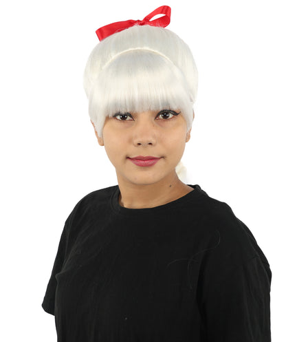 HPO Women's Spiral Ponytail Wig | Multicolor Options | High Updo with Red Ribbon Bow & Bangs, Heat Friendly Synthetic Fiber & Breathable Cap | Halloween, Christmas Event, Themed Party, Theater & Roleplay